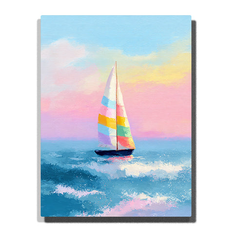 Pastel sailboat on sparkling ocean at sunset with colorful striped sail, dark hull, blue waves, soft pink sky, glowing horizon, and peaceful sea adventure mood, paint by numbers by PaintEasy