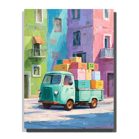 Colorful delivery truck carrying stacked boxes on a pastel city street with turquoise cab, bright packages, painted buildings, balconies, and cheerful urban adventure mood, paint by numbers by PaintEasy