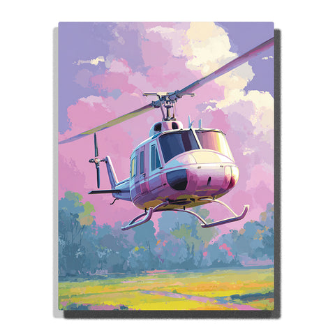 Pastel helicopter flying above a green meadow with pink and blue body, wide rotor blades, cockpit windows, landing skids, cloudy sky, and gentle flying adventure mood, paint by numbers by PaintEasy