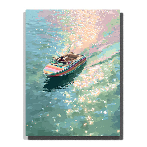 Small speedboat gliding on sparkling teal water with striped hull, open cockpit, soft shadow, aqua ripples, pink reflections, and bright boating adventure mood, paint by numbers by PaintEasy