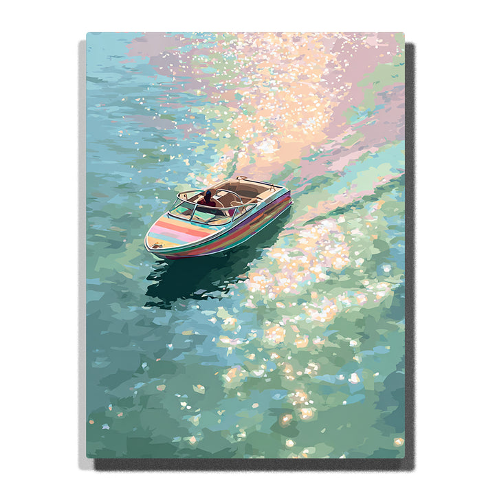 Small speedboat gliding on sparkling teal water with striped hull, open cockpit, soft shadow, aqua ripples, pink reflections, and bright boating adventure mood, paint by numbers by PaintEasy