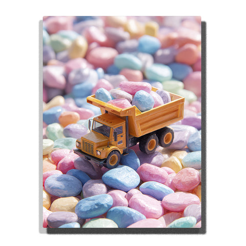 Yellow dump truck carrying pastel stones with open cargo bed, round wheels, colorful pebble background, blue and pink rocks, and playful construction vehicle mood, paint by numbers by PaintEasy