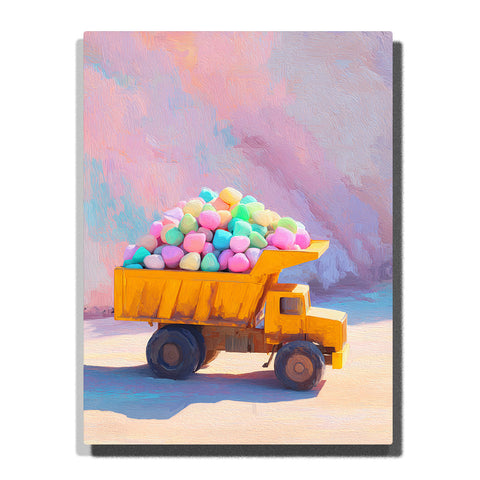 Yellow dump truck carrying colorful round cargo with pastel green, pink, blue, and mint shapes, side-view cab, open cargo bed, soft sky, and playful construction vehicle mood, paint by numbers by PaintEasy