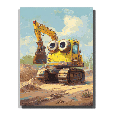 Cute yellow excavator with big cartoon eyes, long digging arm, bucket, crawler tracks, sandy construction site, blue sky, clouds, and playful vehicle mood, paint by numbers by PaintEasy