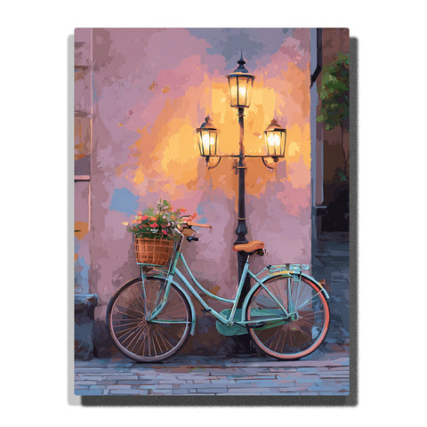 Vintage turquoise bicycle parked under glowing street lamps with flower basket, pastel city wall, warm evening light, thin wheels, and cozy urban mood, paint by numbers by PaintEasy
