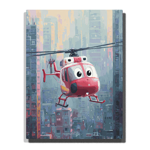 Red rescue helicopter flying through a city skyline with big cartoon eyes, rotor blades, landing skids, blue-gray buildings, and playful urban flight mood, paint by numbers by PaintEasy