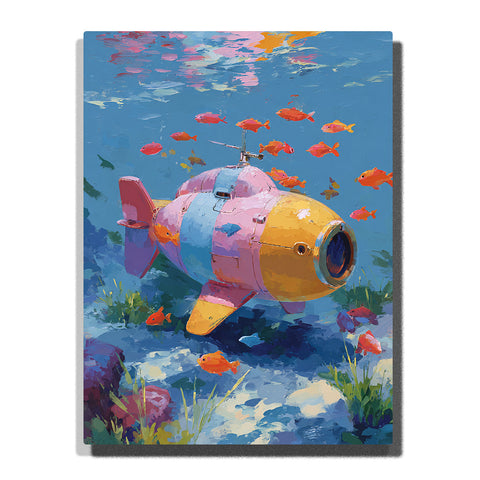 Pastel submarine navigating underwater with orange fish, portholes, periscope, coral and rocks, soft ocean floor, and playful underwater adventure mood, paint by numbers by PaintEasy