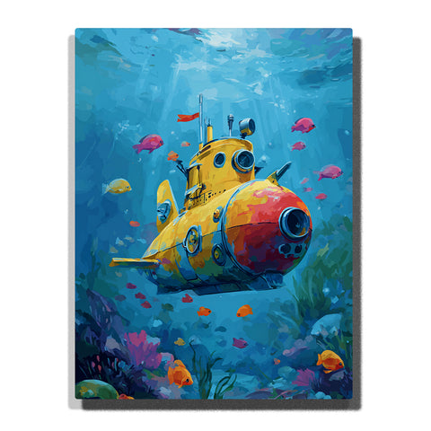 Yellow submarine exploring deep blue ocean with round front window, portholes, periscope, colorful fish, coral, sea plants, and underwater adventure mood, paint by numbers by PaintEasy