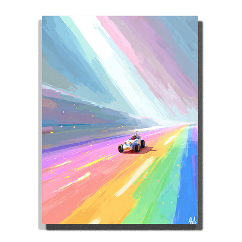 Race car speeding across a glowing rainbow road with diagonal light beams, colorful lanes, sparkling highlights, soft sky streaks, and futuristic vehicle adventure mood, paint by numbers by PaintEasy