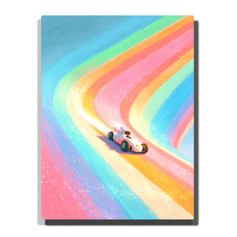 Tiny race car driving on a curving rainbow road with bright yellow, pink, orange, green, blue, and aqua bands, sparkling texture, and dreamy speed adventure mood, paint by numbers by PaintEasy
