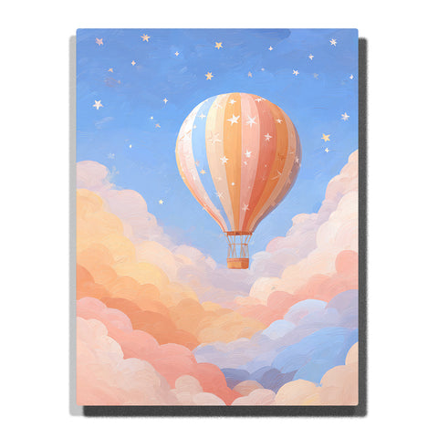 Pastel hot air balloon floating above soft cloud valley with peach and cream panels, small basket, tiny stars, blue sky, and gentle sky adventure mood, paint by numbers by PaintEasy
