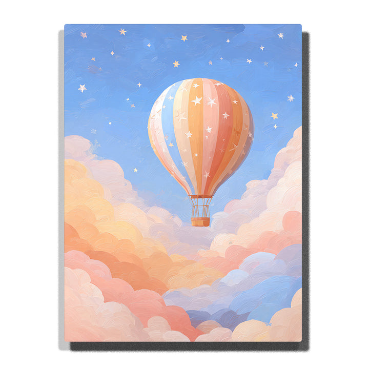 Pastel hot air balloon floating above soft cloud valley with peach and cream panels, small basket, tiny stars, blue sky, and gentle sky adventure mood, paint by numbers by PaintEasy