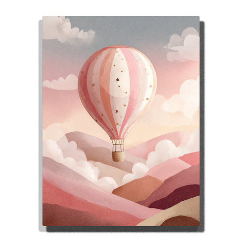 Rose hot air balloon floating above pink mountain clouds with tiny star details, small basket, gray-blue sky, white clouds, and gentle travel adventure mood, paint by numbers by PaintEasy