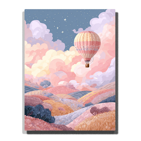 Striped hot air balloon floating over pastel valley clouds with peach and cream panels, tiny stars, rolling hills, winding river, and dreamy travel adventure mood, paint by numbers by PaintEasy