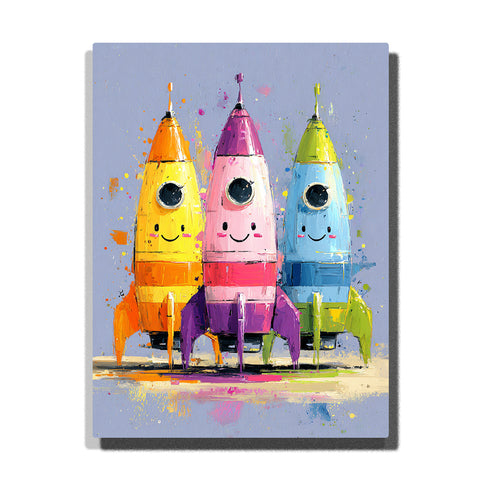 Three smiling crayon rockets in yellow, pink, and blue with round black windows, colorful fins, paint splatters, and soft gray-blue background, paint by numbers wall art by PaintEasy