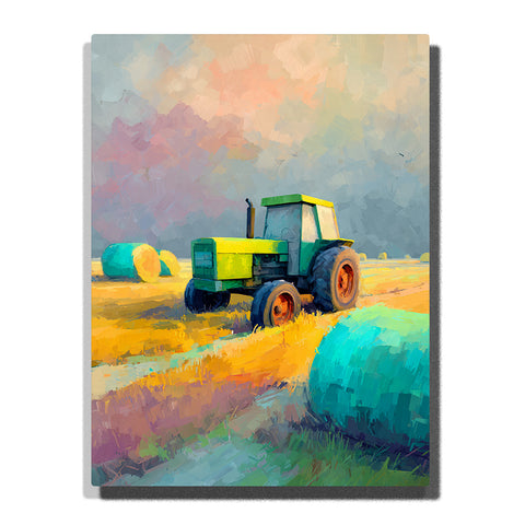 Green tractor in a golden farm field with large black tires, orange wheel centers, teal hay bales, muted blue-gray sky, and calm countryside vehicle mood, paint by numbers by PaintEasy