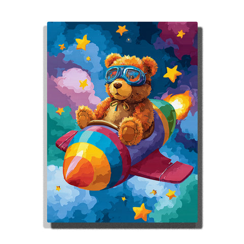 Teddy bear riding a rainbow-striped rocket with blue aviator goggles, golden stars, fluffy clouds, bright flame trail, and deep blue night sky, paint by numbers wall art by PaintEasy