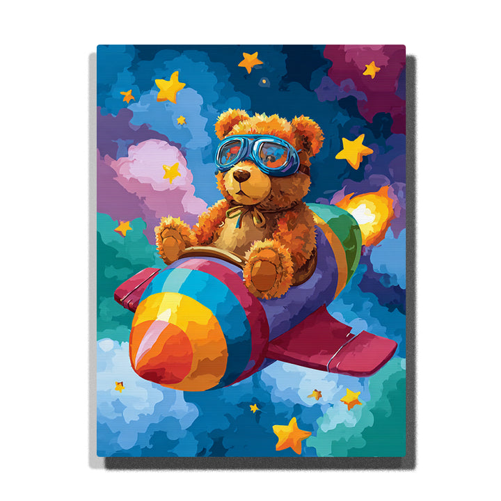 Teddy bear riding a rainbow-striped rocket with blue aviator goggles, golden stars, fluffy clouds, bright flame trail, and deep blue night sky, paint by numbers wall art by PaintEasy