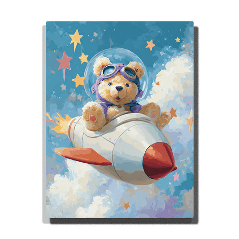 Teddy bear pilot flying a white toy airplane with clear helmet, blue goggles, red nose cone, orange wings, fluffy clouds, and colorful stars, paint by numbers wall art by PaintEasy