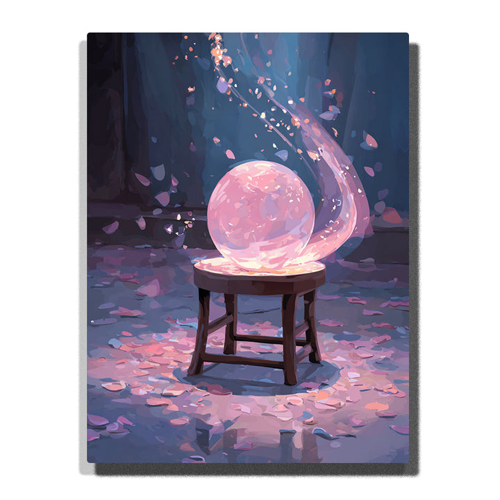Glowing pink crystal ball on a wooden stool with floating petals, sparkling light trail, scattered pink petals, and deep blue fantasy background, paint by numbers wall art by PaintEasy