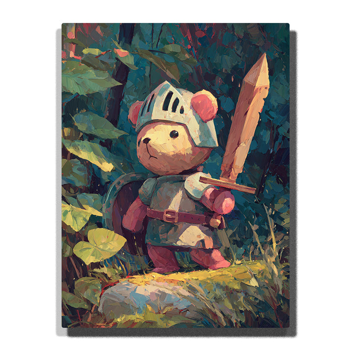 Little plush knight holding wooden sword in a leafy forest with silver helmet, soft armor, warm sunlight, and storybook fantasy mood, paint by numbers wall art by PaintEasy