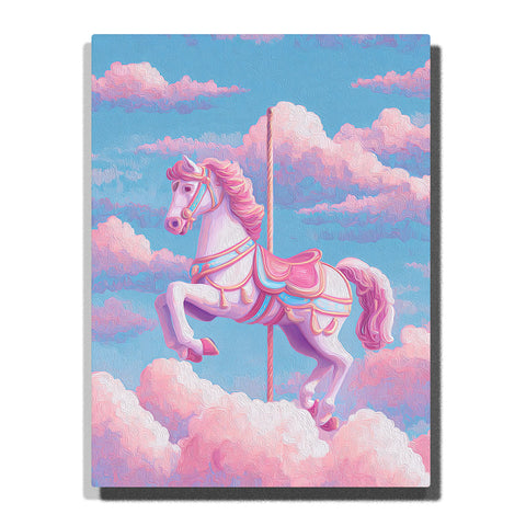 Pink carousel horse floating among cotton clouds in a pastel blue sky with white body, rosy mane, decorative saddle, and fairytale mood, paint by numbers wall art by PaintEasy