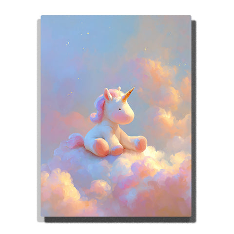 Baby unicorn sitting on pastel clouds with golden horn, pink and blue mane, soft glowing sky, peach light, and dreamy fantasy mood, paint by numbers wall art by PaintEasy
