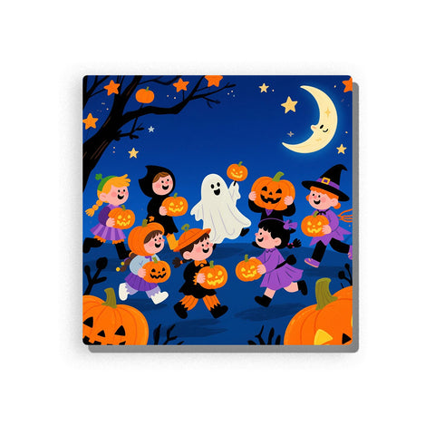 Halloween kids in costumes holding jack-o’-lantern candy buckets, with smiling ghost, crescent moon, yellow stars, orange pumpkins, black tree branches, and deep blue night sky, Paint by Numbers kit for kids by PaintEasy.