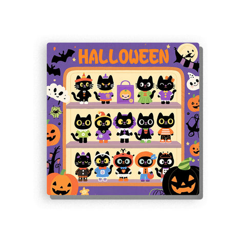 Halloween shelf filled with black cats in colorful costumes, orange jack-o’-lantern pumpkins, ghosts, bats, purple spiderwebs, Halloween lettering, and festive seasonal decorations, Paint by Numbers kit for kids by PaintEasy.