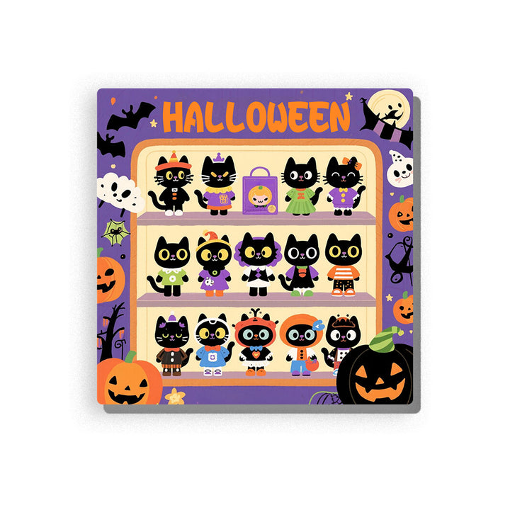Halloween shelf filled with black cats in colorful costumes, orange jack-o’-lantern pumpkins, ghosts, bats, purple spiderwebs, Halloween lettering, and festive seasonal decorations, Paint by Numbers kit for kids by PaintEasy.