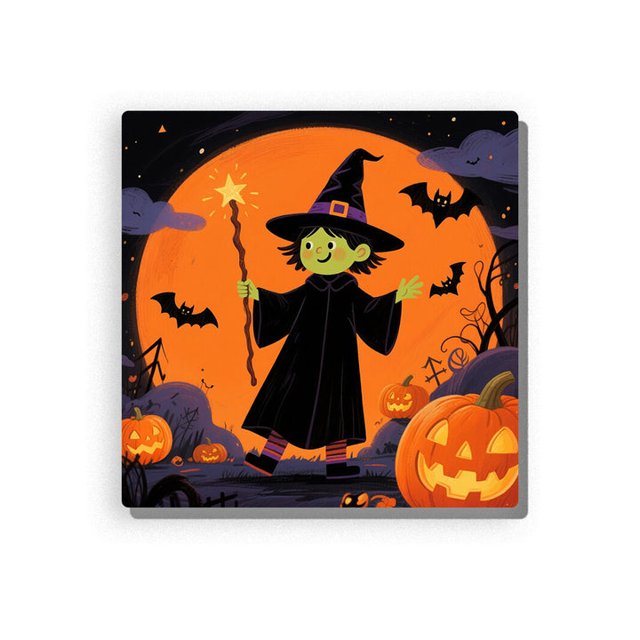 Friendly Halloween witch with green face, black hat and cloak, magic wand with star tip, huge orange pumpkin moon, bats, jack-o’-lanterns, twisted branches, gravestones, and spooky night background, Paint by Numbers kit for kids by PaintEasy.