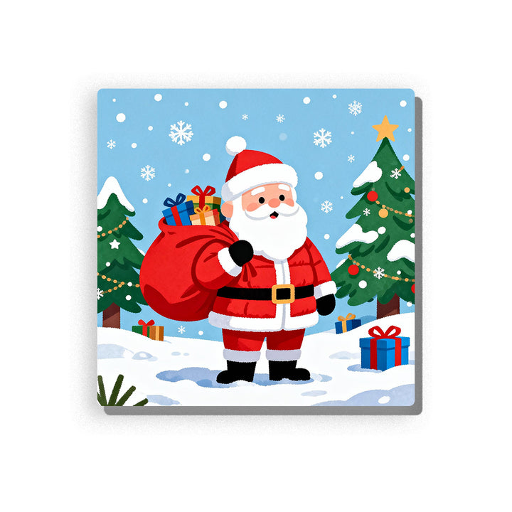 Santa Claus standing in snowy forest with a red gift sack, colorful presents, decorated evergreen trees, wrapped gift boxes, falling snowflakes, blue winter sky, and classic Christmas outfit, Paint by Numbers kit for kids by PaintEasy.