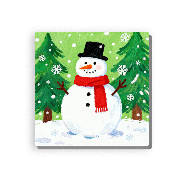 Smiling snowman with red scarf, black top hat, carrot nose, twig arms, green evergreen trees, falling snowflakes, snowy ground, and bright winter forest background, Paint by Numbers kit for kids by PaintEasy.