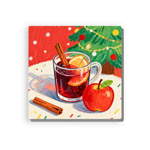Christmas mulled drink in a clear glass mug with orange slices, cinnamon stick, red apple, extra cinnamon sticks, green Christmas tree, red background, and snowy tabletop details, Paint by Numbers kit for kids by PaintEasy.