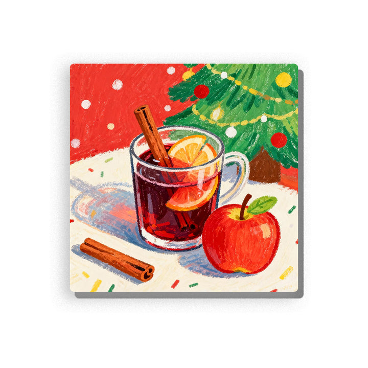 Christmas mulled drink in a clear glass mug with orange slices, cinnamon stick, red apple, extra cinnamon sticks, green Christmas tree, red background, and snowy tabletop details, Paint by Numbers kit for kids by PaintEasy.