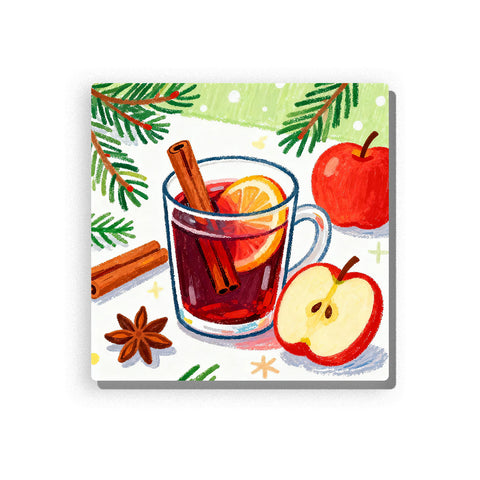Christmas mulled drink in a clear glass mug with orange slice, cinnamon stick, red apple, sliced apple half, star anise, pine branches, and light festive background, Paint by Numbers kit for kids by PaintEasy.