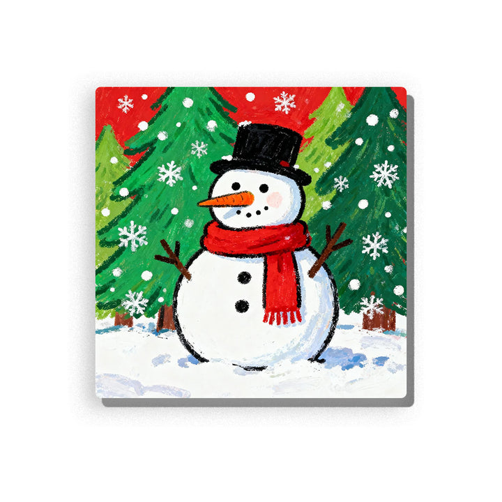 Snowman with red scarf and black top hat standing in a Christmas forest, with green evergreen trees, red winter sky, falling snowflakes, carrot nose, twig arms, and snowy ground, Paint by Numbers kit for kids by PaintEasy.