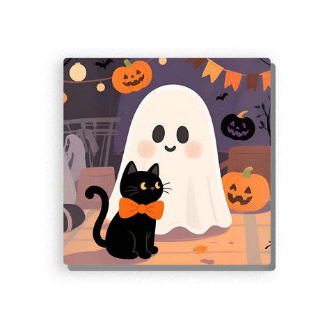 Friendly white Halloween ghost with black cat wearing orange bow tie, smiling pumpkins, hanging pumpkin lights, orange bunting flags, bat silhouettes, purple room background, and cozy indoor party details, Paint by Numbers kit for kids by PaintEasy.
