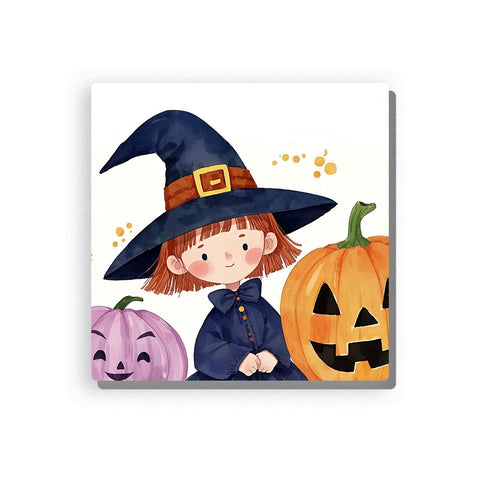 Little Halloween witch wearing a tall navy-black hat with gold buckle, sitting between lavender and orange jack-o’-lantern pumpkins, with rosy cheeks, dark outfit, white background, and soft festive details, Paint by Numbers kit for kids by PaintEasy.