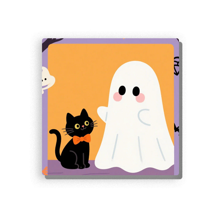 Friendly white Halloween ghost standing beside a black cat with yellow eyes and orange bow tie, with warm orange background, purple frame, pink cheeks, simple ghost folds, curled cat tail, and cute Halloween details, Paint by Numbers kit for kids by PaintEasy.