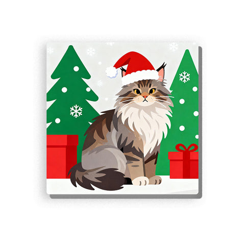 Christmas tabby cat wearing a red Santa hat, with green eyes, fluffy white chest, striped brown-gray fur, green Christmas trees, red gift boxes, snow dots, and snowy holiday background, Paint by Numbers kit for kids by PaintEasy.