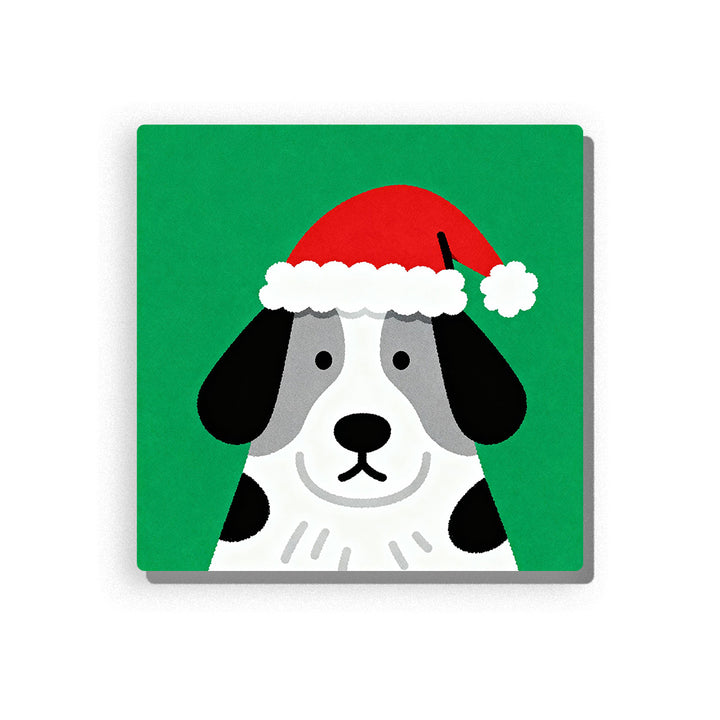 Christmas black-and-white dog wearing a red Santa hat, with long black ears, gray face markings, black nose, white fur, fluffy hat trim, pom-pom, and clean green background, Paint by Numbers kit for kids by PaintEasy.