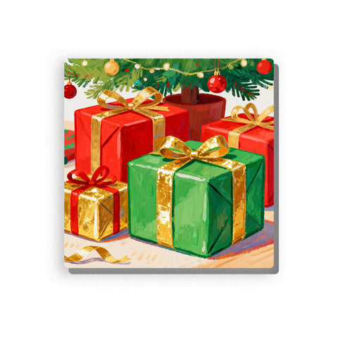 Christmas gift boxes with red, green and gold wrapping, shiny gold ribbons, evergreen tree branches, red ornaments, curled streamers, tabletop shadows, and festive holiday details, Paint by Numbers kit for kids by PaintEasy.