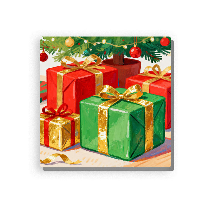 Christmas gift boxes with red, green and gold wrapping, shiny gold ribbons, evergreen tree branches, red ornaments, curled streamers, tabletop shadows, and festive holiday details, Paint by Numbers kit for kids by PaintEasy.