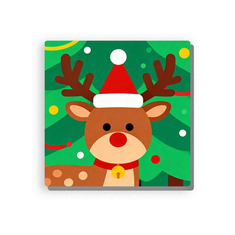 Christmas reindeer with Santa hat, brown antlers, red nose, yellow bell collar, layered green Christmas tree background, red garlands, snow dots, and yellow ornaments, Paint by Numbers kit for kids by PaintEasy.