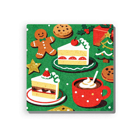 Christmas dessert table with smiling gingerbread cookie, cake slices, red mug, chocolate chip cookies, decorated tree, gift box, gold star, holly leaves, and green holiday background, Paint by Numbers kit for kids by PaintEasy.