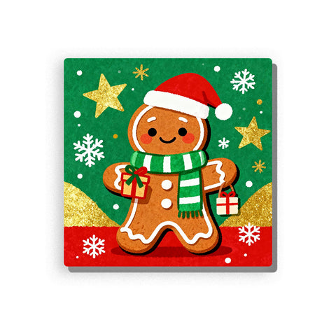 Smiling gingerbread cookie in Santa hat with green scarf, gift boxes, gold stars, and snowflakes Paint by Numbers kit by PaintEasy