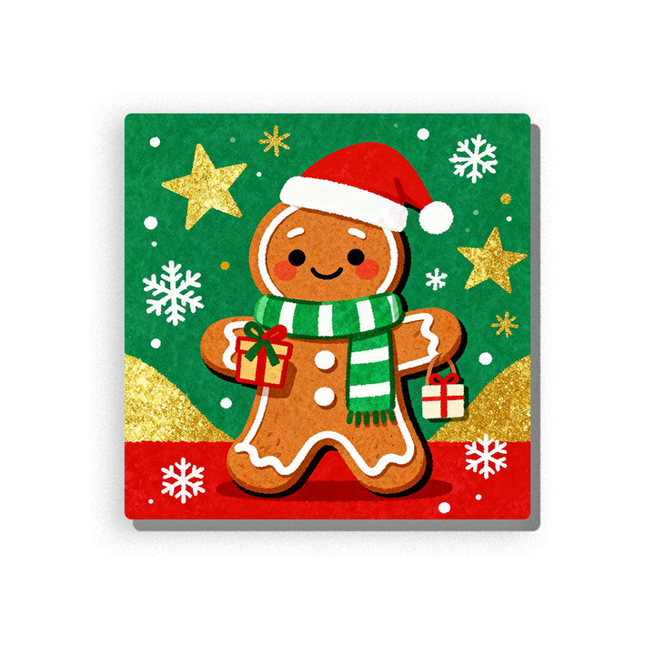 Smiling gingerbread cookie in Santa hat with green scarf, gift boxes, gold stars, and snowflakes Paint by Numbers kit by PaintEasy