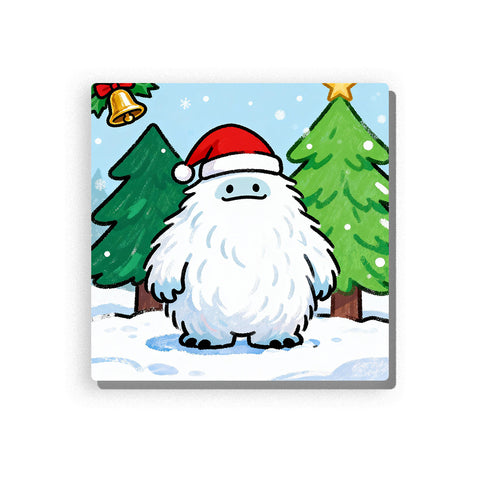 Fluffy white Santa creature wearing a red hat in a snowy Christmas forest, with green evergreen trees, pale blue sky, falling snow dots, gold star topper, small bell detail, and soft holiday character design, Paint by Numbers kit for kids by PaintEasy.