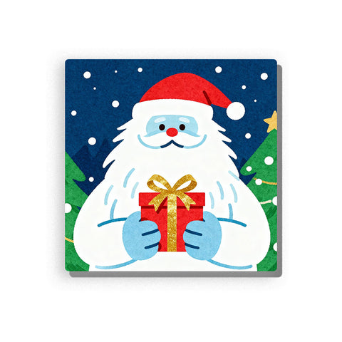 Santa Claus holding a red gift box with gold ribbon, wearing a red hat and blue mittens, with fluffy white beard, navy snowy sky, green Christmas trees, and festive holiday details, Paint by Numbers kit for kids by PaintEasy.